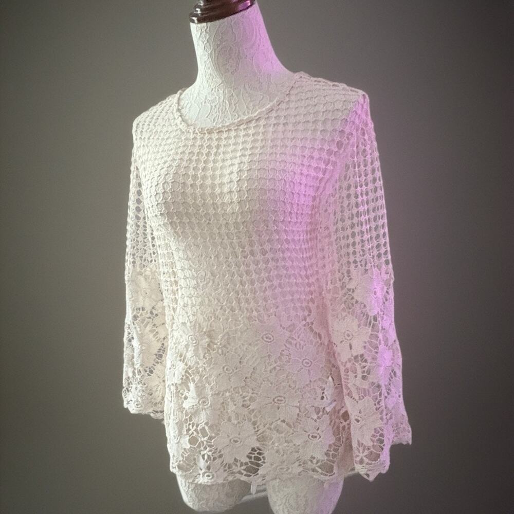 Griffin Paris Crochet Lace Floral Sheer Long Sleeve Boho Cream Large Designer
